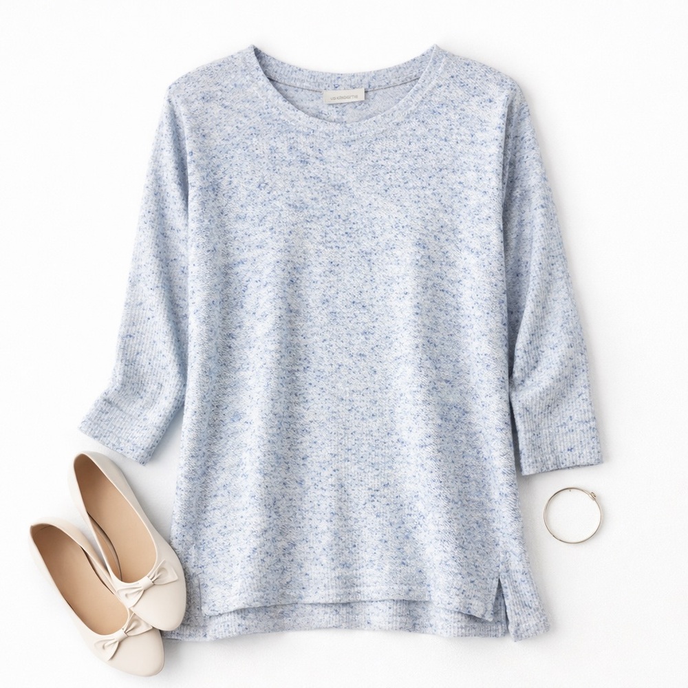 Liz‎ Claiborne Blue Speckled Knit Tunic Top Size Large Ribbed Sleeve Lightweight